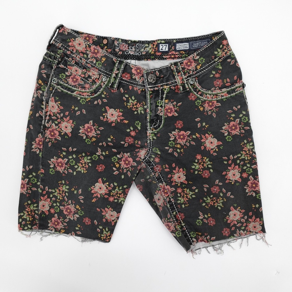 Miss Me Jeans Womens 27 Floral Cargo Ankle Skinny Distressed Raw Hem Shorts